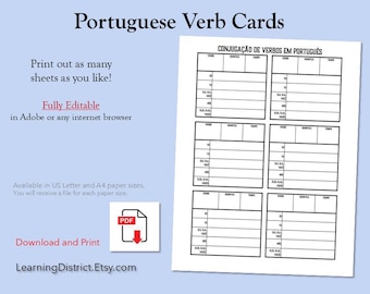 Portugese werkwoordvervoegkaarten, talen leren (afdrukbare pdf)