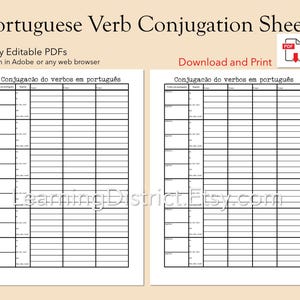 Hojas de conjugación de verbos en portugués: estudio del idioma imprimible (PDF)