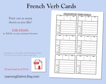 Franse werkwoordvervoegkaarten, download afdrukbare pdf-pagina's, studeer talen leren
