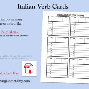 Tarjetas de conjugación de verbos en italiano, descarga páginas PDF imprimibles, estudia el aprendizaje del idioma
