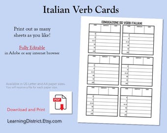 Italiaanse werkwoordvervoegkaarten, download afdrukbare pdf-pagina's, studeer talen leren
