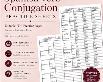 Spanish Verb Conjugation Practice Sheets, Editable Printable PDF Worksheets