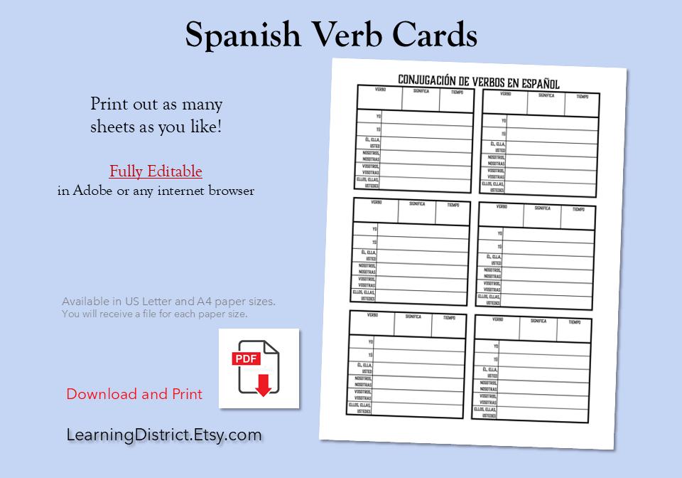 Spanish Verb Conjugation Cards, download printable PDF pages, study language learning