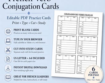 May include: A digital set of French Verb Conjugation Cards featuring editable PDF practice sheets. The document includes six blank conjugation tables per page with columns for verb, singular, and tense. Text includes French Verb Conjugation Cards.