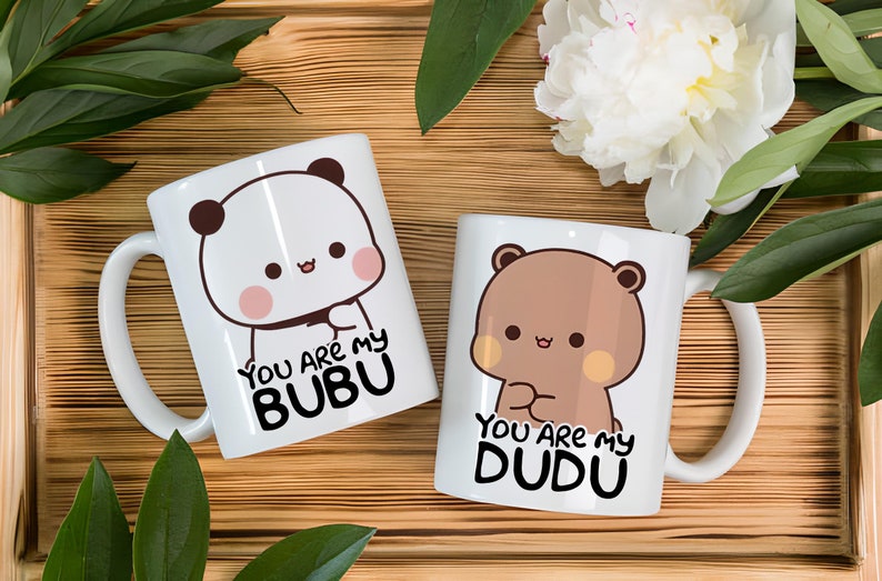 Set aus zwei Tassen, 330 ml, perfekt als Geschenk für ein Paar. DUDU und BUBU-Muster Bild 2