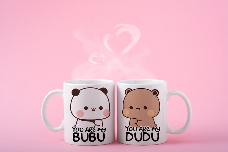 Set aus zwei Tassen, 330 ml, perfekt als Geschenk für ein Paar. DUDU und BUBU-Muster Bild 3