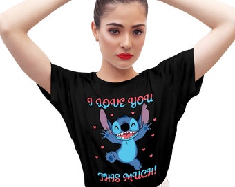 Entzückendes süßes Damen-T-Shirt „Lilo Stitch I Love You This Much“, perfekt als Geschenkdesign