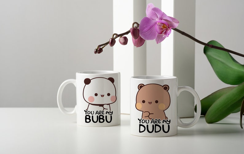 Set aus zwei Tassen, 330 ml, perfekt als Geschenk für ein Paar. DUDU und BUBU-Muster Bild 4