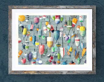 Maine Seaside Lobster Shack Art Print – Original Watercolor of Lobster Buoys – Coastal Wall Decor by Kyle St. George