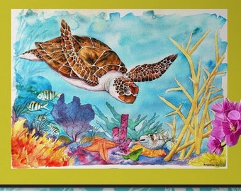 Sea Turtle on Reef with Porcupine Fish Art Print – Original Watercolor Giclée by Kyle St. George – Marine Life Wall Decor