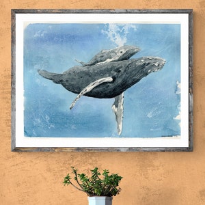 Mother Humpback with Calf Art Print – Original Watercolor of Humpback Whales – Marine Life Wall Decor by Kyle St. George