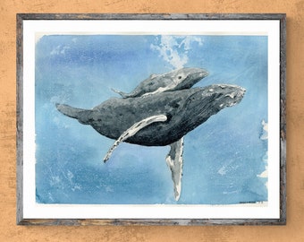 Mother Humpback with Calf Art Print – Original Watercolor of Humpback Whales – Marine Life Wall Decor by Kyle St. George
