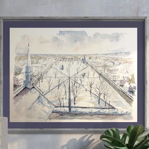 Guilford CT Town Green Winter Watercolor Art Print