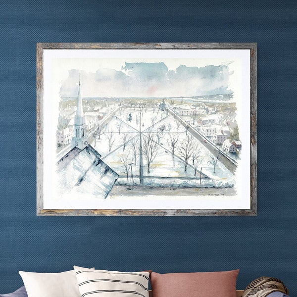Town Green in Guilford Connecticut During Winter; Original Watercolor Giclée Prints by Kyle St. George