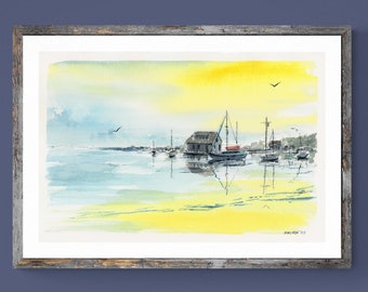 New England Marina bei Sonnenuntergang; Original Druck in Aquarell oder Giclée von Kyle St. George