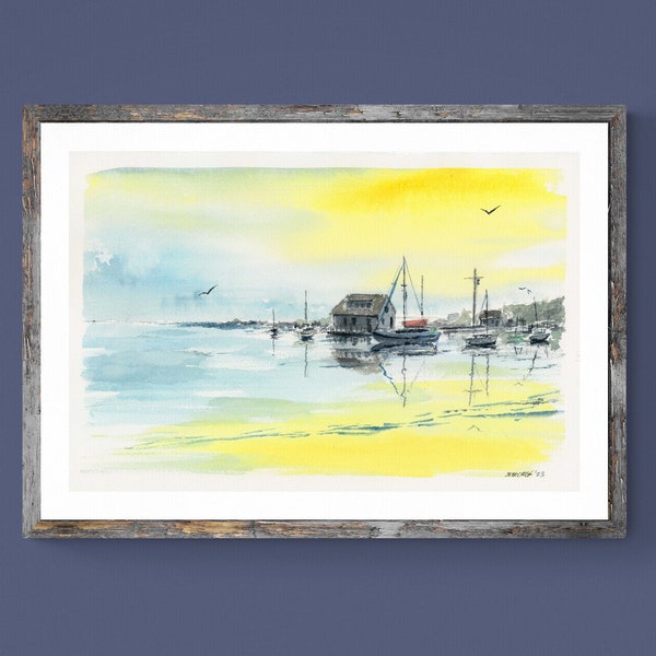 New England Marina at Sunset; Original Watercolor or Giclée Prints by Kyle St. George