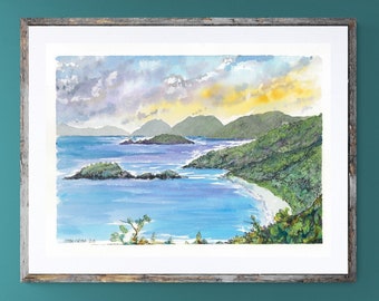 Tropical Trunk Bay St. John USVI at Sunrise; Original Watercolor Giclée Prints by Kyle St. George