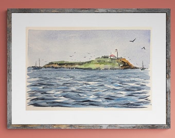 Faulkner's Island Lighthouse Watercolor Art Print: Coastal New England