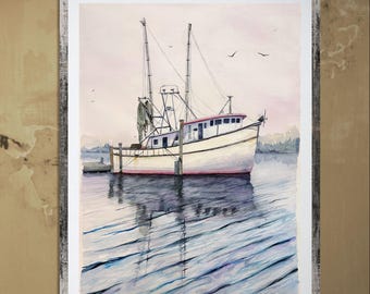 水彩画 「係留船」 オリジナル水彩画「係留中のはしけ、チズウィック」、ジョージ・ゴッド