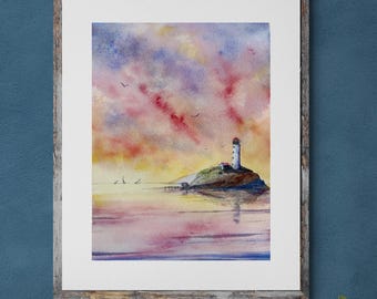 Stampa artistica ad acquerello del tramonto sull'isola di Faulkner