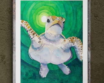 オリジナル水彩画、ウミガメの絵画、ウミガメの壁アート、海の動物の