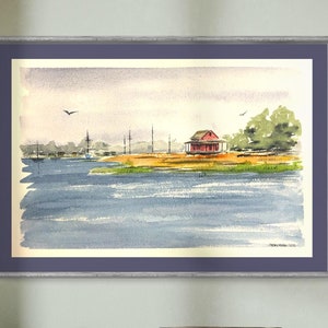 Impression d'art Red Shack sur Grass Island, Guilford, CT – Aquarelle originale de scène côtière par Kyle St. George