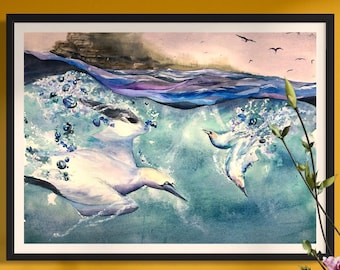 Gannet Birds Diving Art Print – Original Watercolor of Sea Birds in Stormy Weather – Coastal Wildlife Wall Decor by Kyle St. George