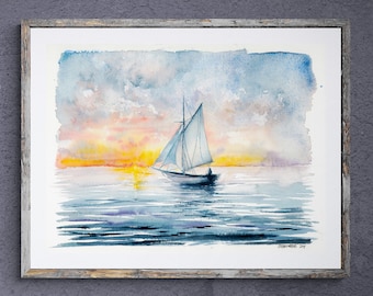 May include: Watercolour painting of a sailboat on the sea at sunset. The artwork depicts a white sailboat with one sail, set against a backdrop of a colourful sky with shades of yellow, orange, and blue. The painting is framed in a rustic wooden frame.