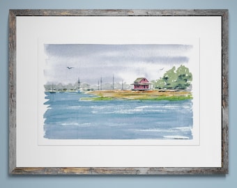 Red Shack on Grass Island in Guilford, CT Harbor and Marina; Original Watercolor Art by Kyle St. George