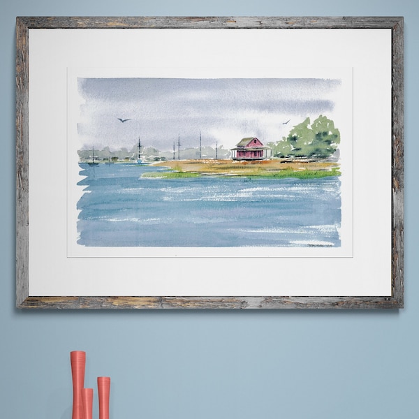 Red Shack on Grass Island in Guilford, CT Harbor and Marina; Original Watercolor Art by Kyle St. George