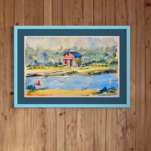 Stampa artistica di Monroe Cottage – Acquerello originale di Red Shack su Grass Island a Guilford Harbor, CT – Scena costiera di Kyle St. George