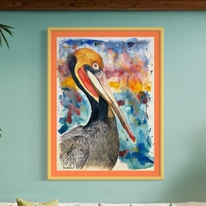 Stampa artistica di pellicano bruno – Uccello marino acquerello originale con sfondo astratto – Decorazione murale costiera di Kyle St. George