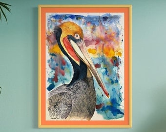 Brown Pelican Art Print – Original Watercolor Sea Bird with Abstract Background – Coastal Wall Decor by Kyle St. George