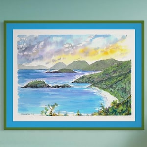 Trunk Bay St. John USVI Sunrise Art Print – Original Watercolor Giclée by Kyle St. George – Tropical Landscape Decor