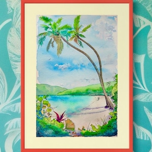 Impression d'art Palmiers sur la plage de Maho - Aquarelle originale de Saint-Jean USVI - Décoration murale île tropicale par Kyle St. George