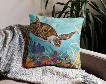 Sea Turtle Watercolor Throw Pillow – Tropical Marine Life Decor by Kyle St. George