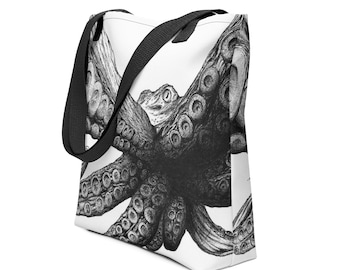 Bolsa de tela con diseño de pulpo: Diseño de vida marina en blanco y negro