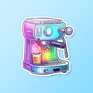 Autocollant de machine à expresso mignon, machine à expresso arc-en-ciel irisé vinyle autocollant barista café addict autocollant café cadeau café décalque