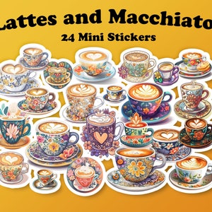 Feuille d&#39;autocollants Lattes et Macchiatos -24 autocollants en vinyle, autocollants décoratifs mignons pour café espresso I love coffee AI autocollants autocollants pour cahiers
