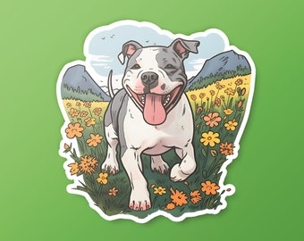 Happy Pit Bull Sticker pit bull in wildflowers cartoon decal dog lover pit bull mom pitbull mama sunny day cheerful colorful floral stickers