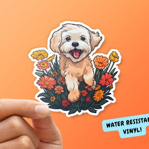 Maltipoo Running Through Wildflowers (Kiss-Cut Vinyl Decal) cute maltipoo dog maltese poodle puppy laptop waterbottle waterproof AI stickers