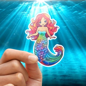Mermaid Kiss-Cut Vinyl Decal, cute mermaid decal, happy colorful cartoon mermaid sticker, rainbowcore, kidcore, water bottle laptop stickers