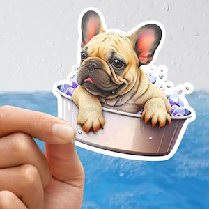 Frenchie Taking a Bath Vinyl Sticker, cute French Bulldog laptop sticker, Frenchie puppy decal AI sticker Frenchie mama dog pet wall sticker