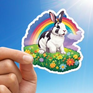 Cute Bunny Kiss-Cut Vinyl Decal, Hotot English Spot mix rabbit water bottle sticker rainbow flowers bunny car decal adorable kidcore sticker