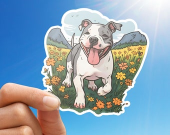 Happy Pit Bull Sticker pit bull in wildflowers cartoon decal dog lover pit bull mom pitbull mama sunny day cheerful colorful floral stickers