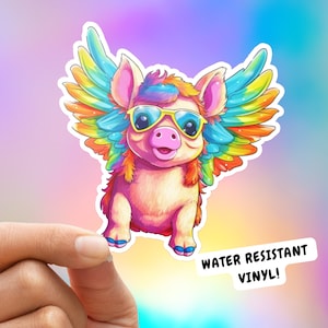 Flying Pig (Kiss-Cut Vinyl Decal) colorful rainbow pig sticker rainbowcore pig decal piggy animal sticker pig wearing wings and sunglasses