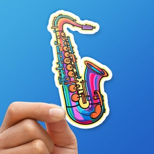 Colorful Saxophone Kiss-Cut Vinyl Decal, fun saxophone sticker rainbowcore saxophone laptop waterbottle decal sax musical instrument sticker