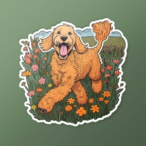 Adesivo de vinil feliz Goldendoodle brincando em um campo de flores silvestres, decalque goldendoodle goldendoodle mama adorável adesivo de cachorro