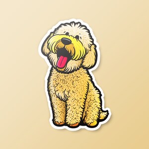 Leuke Golden Doodle Vinyl Sticker, hond laptop sticker, puppy kunst huisdier sticker, cartoon dieren sticker, AI gegenereerde sticker, premium stickers