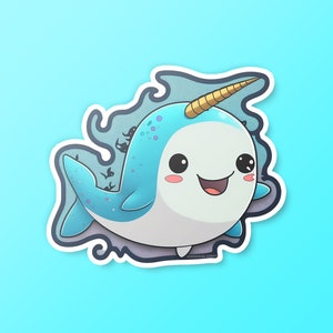 Niedlicher Narwal Vinyl Aufkleber, niedlicher Tieraufkleber, entzückender kawaii Aufkleber, AI Aufkleber, Meerestieraufkleber, Walliebhaber Aufkleber, Delfinaufkleber